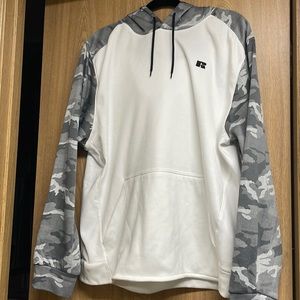Russel athletics hood. White with gray camo sleeves and hood.